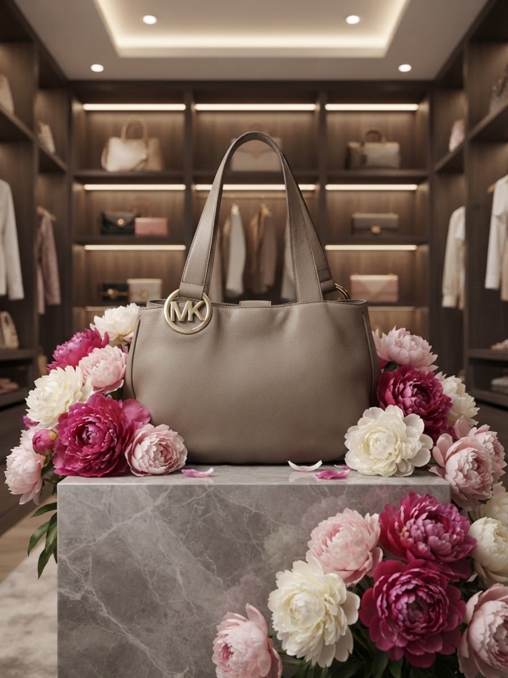 Michael Kors Taupe Pebble Leather Shoulder Bag with Gold MK Charm